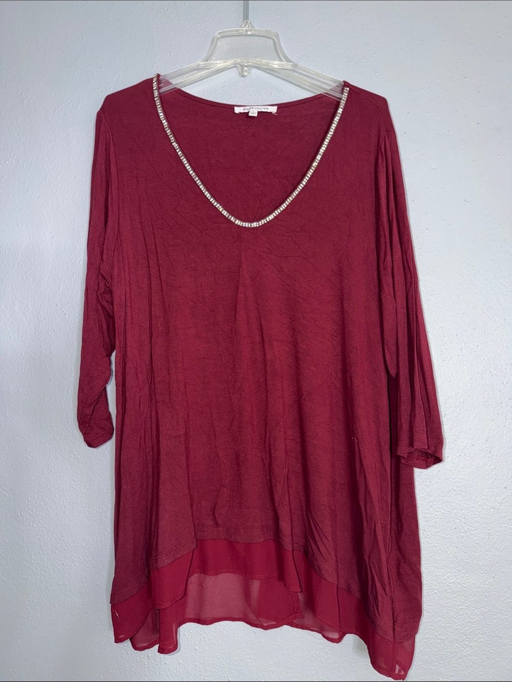 Rose & Olive Wine V-Neck Tunic with Rhinestone Trim
